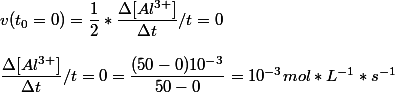 v(t_0=0)=\dfrac{1}{2}*\dfrac{\Delta[Al^{3+}]}{\Delta t}/t=0 
 \\ 
 \\ \dfrac{\Delta [Al^{3+}]}{\Delta t}/t=0=\dfrac{(50-0)10^{-3}}{50-0}=10^{-3} mol*L^{-1}*s^{-1}